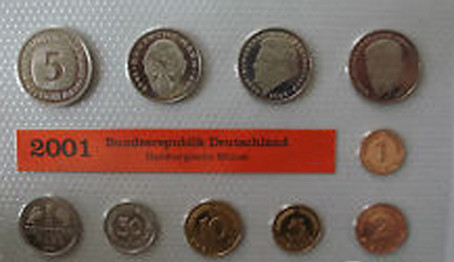 BRD 12,68 DM Kursmünzensatz 2001 Stgl. 1 Pfennig bis 5 D-Mark Mzz. G 