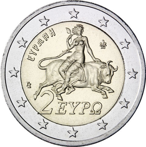 Kursmünze aus Griechenland  2 Euro 2006 mit dem Motiv Europa auf dem Stier 