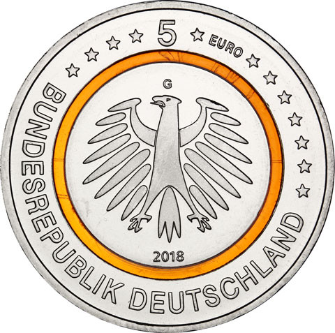 Neue 5 Euro Münze 2018 Subtropische Zone - Deutschland - Klimazone der Erde Polymerring Orange 