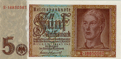 Banknoten 5 Reichsmark  Jünglingskopf 1942 und  20 Reichsmark  junge Österreicherin 1939