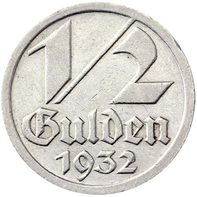 Danzig-HalberGulden-1932-SehrSchön-NI-Jäger-D14-DanzigerMünzserie2-Wappen-RS