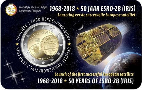 Belgien 2 Euro Gedenkmünze 2018 Stgl. Forschungssatellit ESRO-2B in Coincard