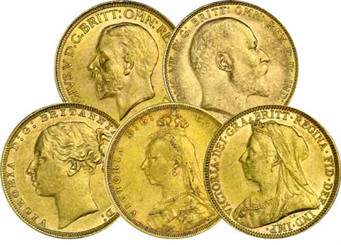 grossbritannien-5-x-1-Soverreign-Gold-1838---1936
