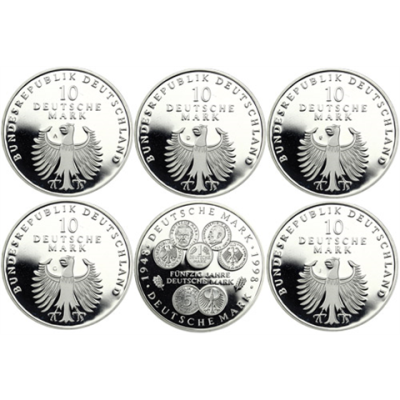 Deutschland-5x10-DM-Silber-1998-PP-50-Jahre-Deutsche-Mark-MzzADFGJ