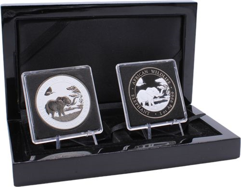 Somalia-2x100Schilling-2019-AG-Elefant-Farbe-BlackRuth-Etui II