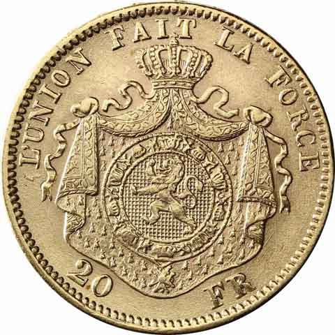AV Belgien 20 Francs Leopold II 1870 bis 1882