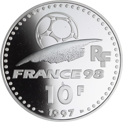 Frankreich-10 Francs-1997-AGpp-World Cup 1998-Fußballer Colloseum-RS