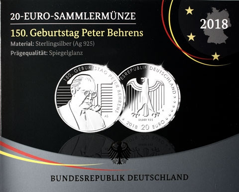 20-Euro-Gedenkmünze 150. Geb. Peter Behrens PP im Folder Silber