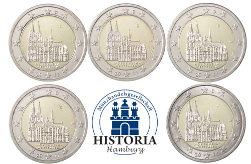 Komplettsatz Deutschland 2 Euro 2011 – Kölner Dom – Münzzeichen A D F G J