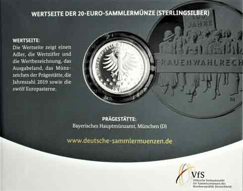 20 Euro Gedenkmünze 2019 Silber  PP 100 Jahre Frauenwahlrecht im Folder