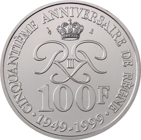 Monaco-100Francs-1999-Agbfr--50Regierungsjubiläum-von-Rainier-III-RS