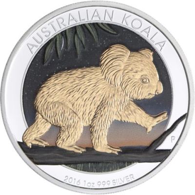 Australien-1 Dollar-2016-AGstgl-Koala Night-FD-Farbe-vergoldet-RS