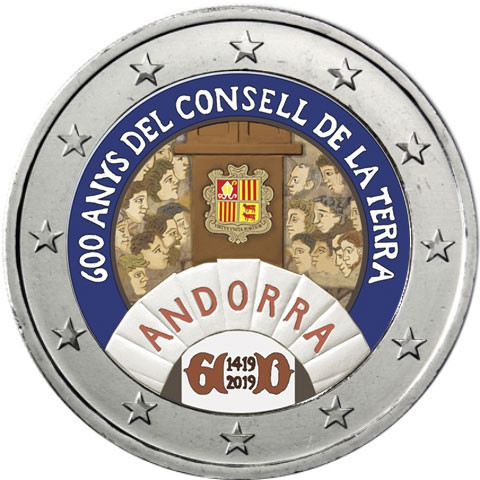 2 Euro Sondermünzen 600 Jahre Generalrat der Täler mit Farbmotiv aus Andorra 