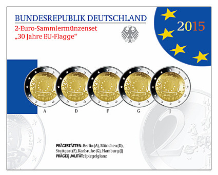 Deutschland 5 x 2 Euro 2015 PP 30 Jahre Europa-Flagge im Folder der VfS
