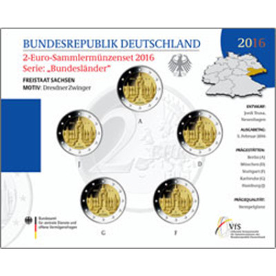 Deutschland 5 x 2 Euro 2016 Stgl. Dresdner Zwinger  im Folder der VfS