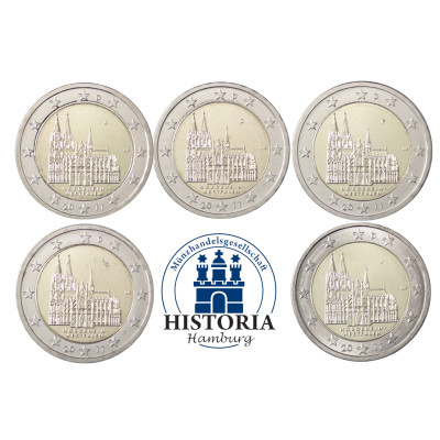 Komplettsatz Deutschland 2 Euro 2011 – Kölner Dom – Münzzeichen A D F G J