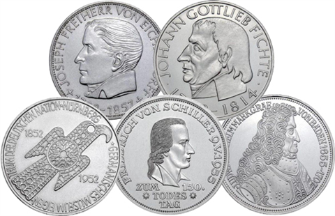 Deutschland-5-DM-Silber-1952–1964-–-„Die-ersten-Fünf“-Gedenkmünzen-komplett-vz