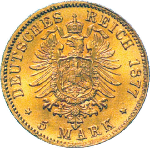 J.185 -  Baden  5 Mark 1877  Friedrich I. Gold