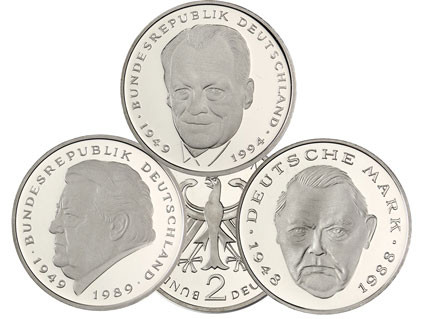 Deutschland  2 Deutsche Mark Münzen Jahrgang  2000 Willy Brandt, Ludwig Erhard, Frank J. Strauss