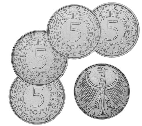 BRD 4 x 5 DM Kursmünze 1971 D - F - G - J Heiermann Silber-Fünfer