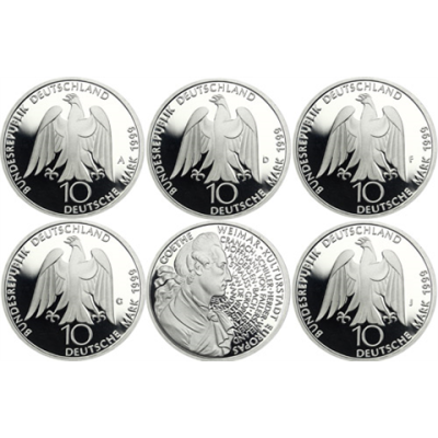 Deutschland-5x10DM-1999-AgPP-JohannWolfgangvonGoethe-MzzADFGJ