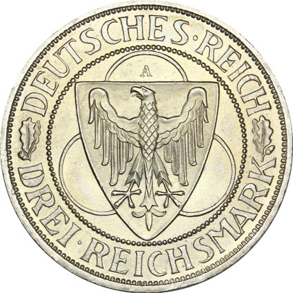 J. 345 Weimar 3 Reichsmark  1930 Rheinlandräumung Sonderpreis