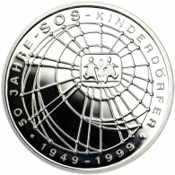 Deutschland-10-DM-Silber-1999-PP-50-Jahre-SOS-Kinderdörfer-I