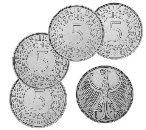 BRD 4 x 5 DM Kursmünze 1969 D - F - G - J Heiermann Silber-Fünfer