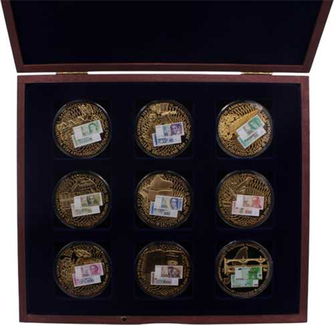 Deutschland-9xMedaille-2010-CuPP-vergoldet-Deutsche Banknoten Prägung-Etui