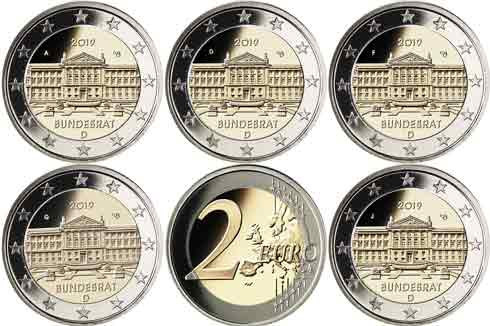 Deutschland 5 x 2 Euro 2019 PP Bundesrat Mzz. A - J im Folder