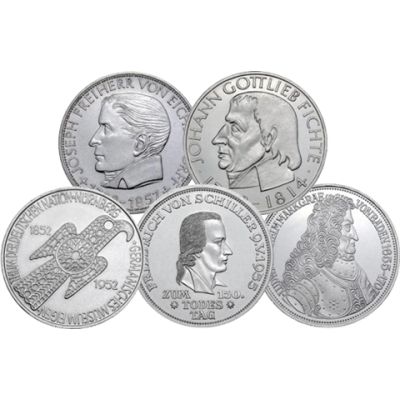 Deutschland-5-DM-Silber-1952–1964-–-„Die-ersten-Fünf“-Gedenkmünzen-komplett-vz