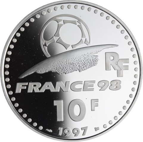 Frankreich-10 Francs-1997-AGpp-World Cup 1998-Schuss Bulle-RS