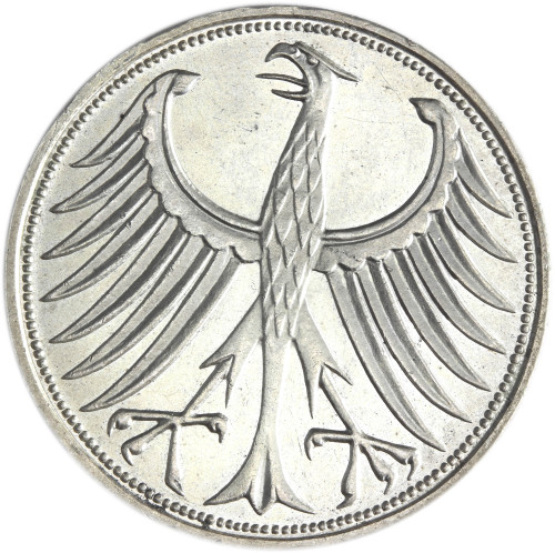 Deutschland 5 DM 1958 Mzz. J Silberadler in Stgl, Kursmünze in Münzkapsel