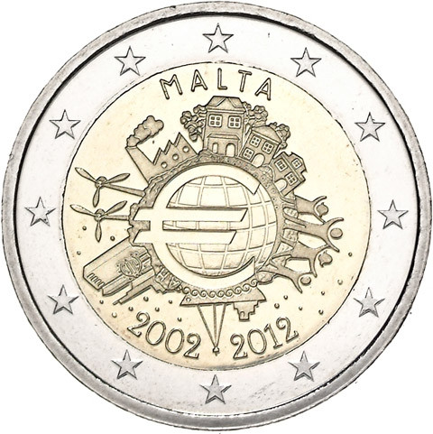 Malta 2 Euro Gedenkmünze 2012 bfr. 10 Jahre Euro- Bargeld bestellen Münzkatalog kaufen 