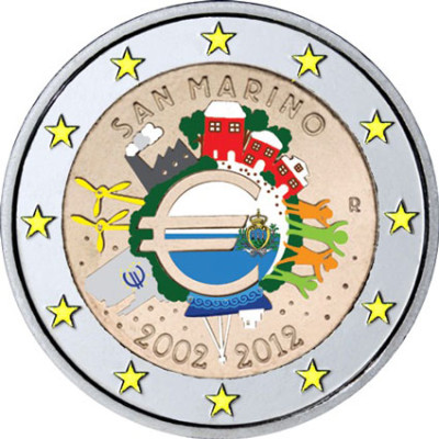 San Marino 2 Euro 2012 stgl. 10 Jahre Bargeld in Farbe