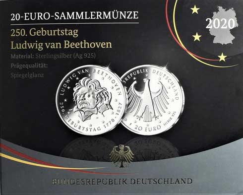 Deutschland 20 Euro 2020 Silber  PP 250. Geb.Ludwig van Beethoven