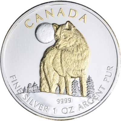 Kanada-5 Dollar-2011-AGstgl-Wolf-Vergoldet-RS
