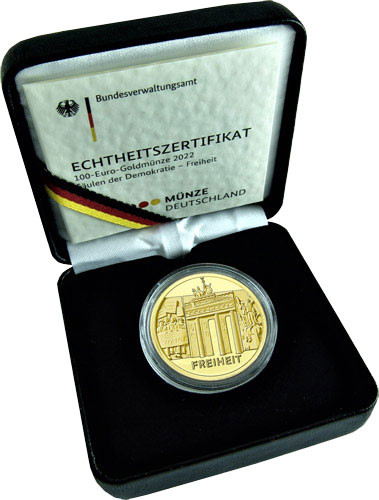 Deutschland 100 Euro Gold 2022 Freiheit - Säulen der Demokratie-Etui