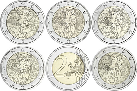 Deutschland 5 x 2 Euro 2019 - 30 Jahre Mauerfall - Münzzeichen ADFGJ