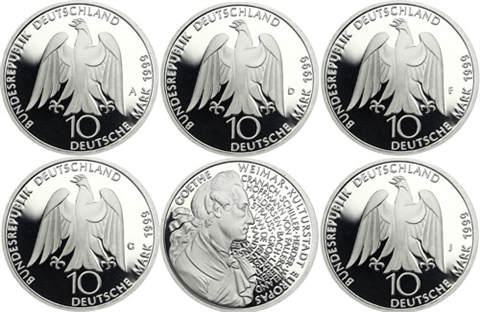 Deutschland-5x10DM-1999-AgPP-JohannWolfgangvonGoethe-MzzADFGJ