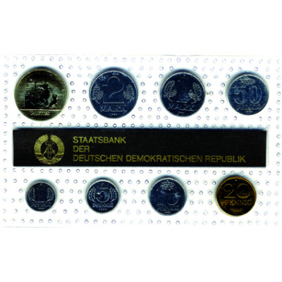 DDR Mini Jahressatz 1990 7 Münzen 1 Pfg. bis 2 Mark und eine Medaille: Plutus