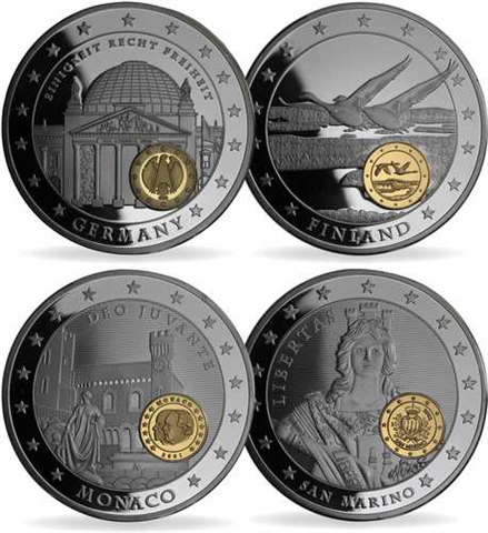 Mix-4xMedaillen-2011-PP-Vergoldet-Farbe-10Jahre Euro-Set