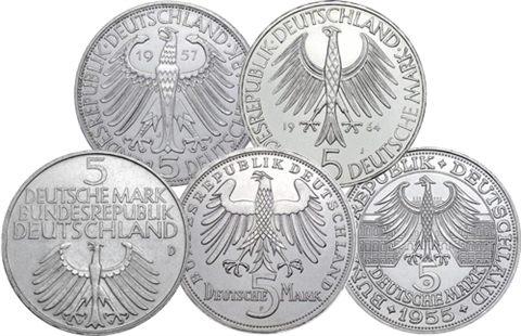 Deutschland-5-DM-Silber-1952–1964-–-„Die-ersten-Fünf“-Gedenkmünzen-komplett-vz