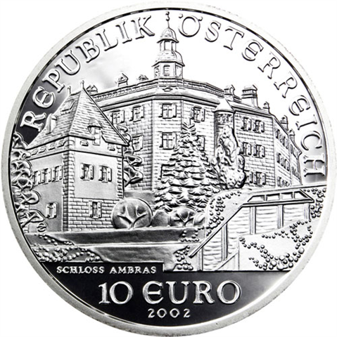 Österreich-10-Euro-2002-Silber-PP-Schloss-Ambras-Etui