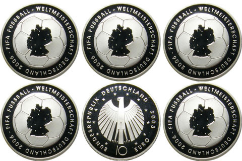 10 Euro 2003 Silbermünze zur Fußball-WM 2006 2. Ausgabe aus Deutschland Komplett alle Mzz. 