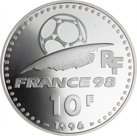 Frankreich-10 Francs-1996-AGpp-World Cup 1998-Fußball Netz Vogel-RS