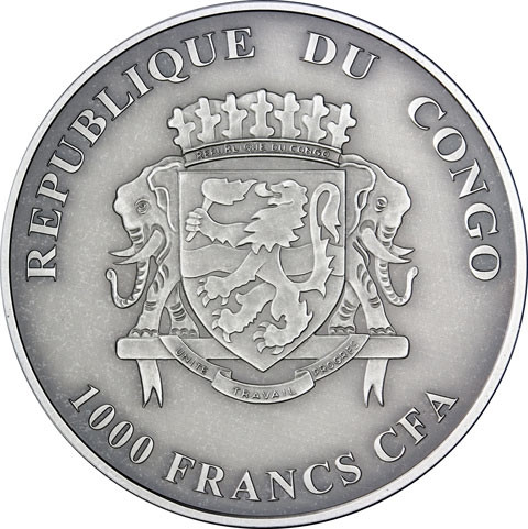 Kongo 1.000 Francs 2012 Silber mit dem Motiv  Rhinozeros  Antique Finish Farbmotiv 