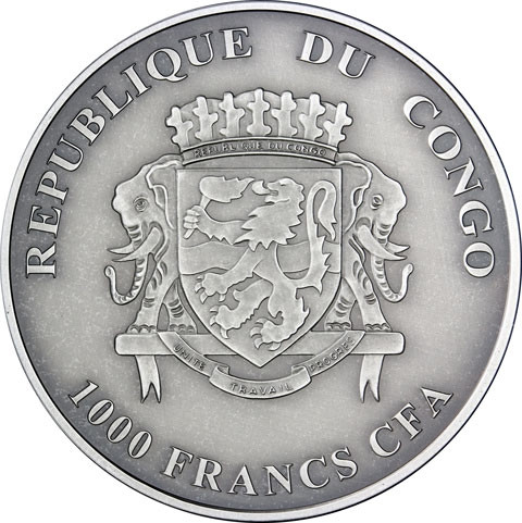 Kongo 1.000 Francs 2012 Silber mit dem Motiv  Rhinozeros  Antique Finish Farbmotiv 