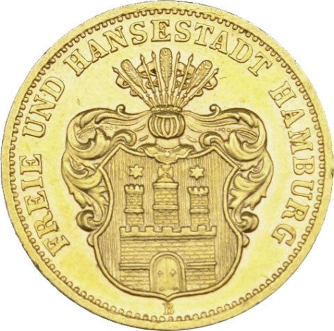J. 207 - Hamburg  10 Mark 1874 Gold  Freie Hansestadt-Stadtwappen 