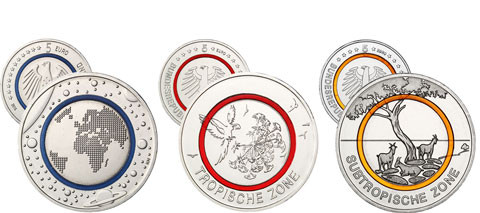 Deutsche Münz-Sensation: 5-€uro-Sammlermünzen mit lichtdruchlässigen , farbigen Polymerring  Planet  Erde, Tropische und Subtropische Zonen bestellen 